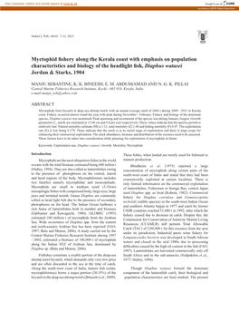 Myctophid Fishery Along the Kerala Coast with Emphasis on Population Characteristics and Biology of the Headlight Fish, Diaphus