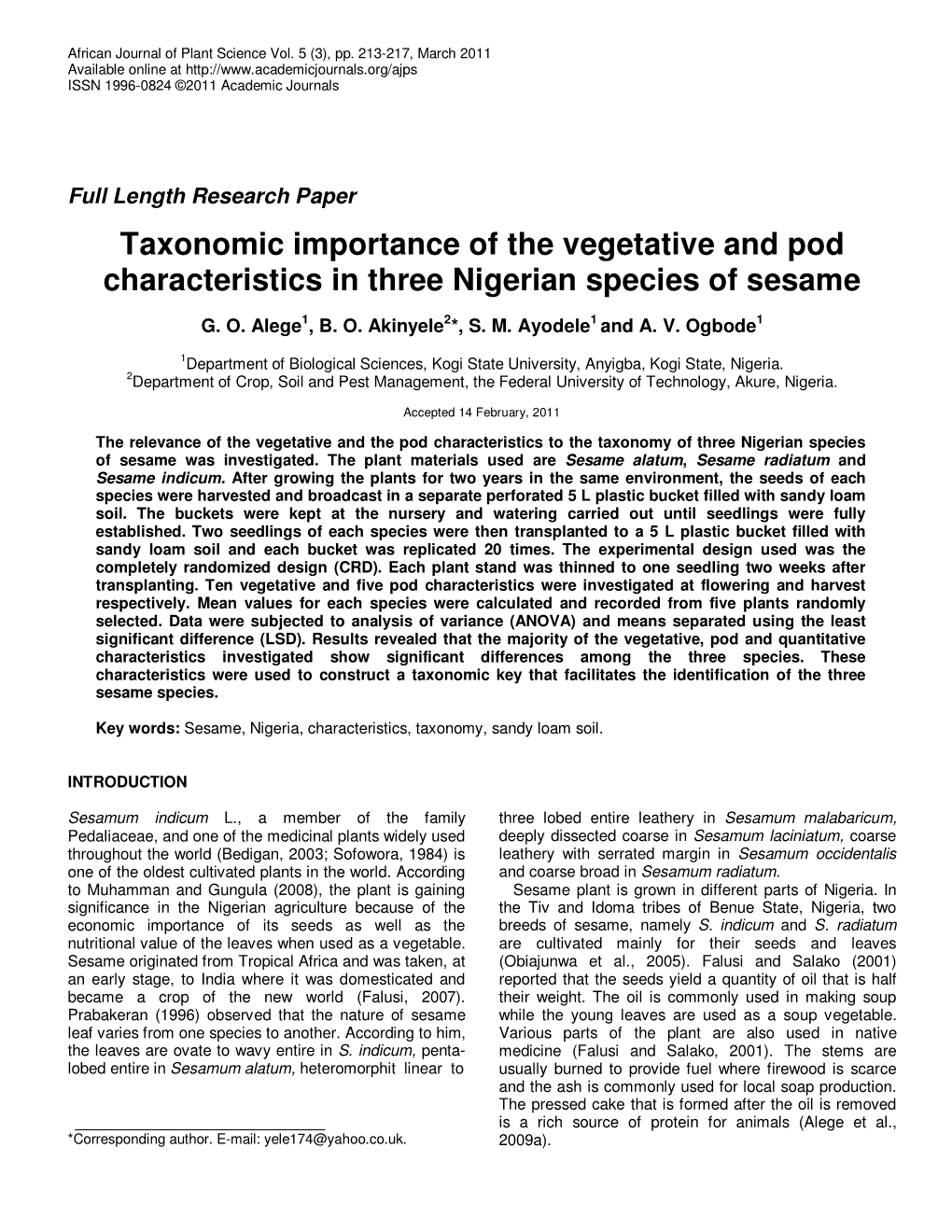 Taxonomic Importance of the Vegetative and Pod Characteristics in Three Nigerian Species of Sesame