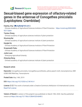 Sexual-Biased Gene Expression of Olfactory-Related Genes in the Antennae of Conogethes Pinicolalis (Lepidoptera: Crambidae)