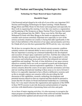2011 Nuclear and Emerging Technologies for Space