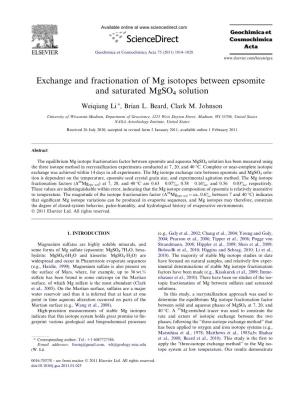 Exchange and Fractionation of Mg Isotopes Between Epsomite and Saturated Mgso4 Solution