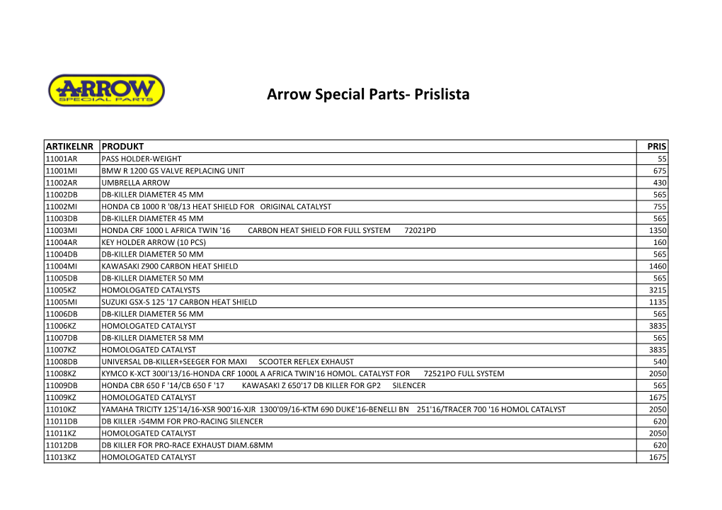 Arrow Special Parts-‐ Prislista