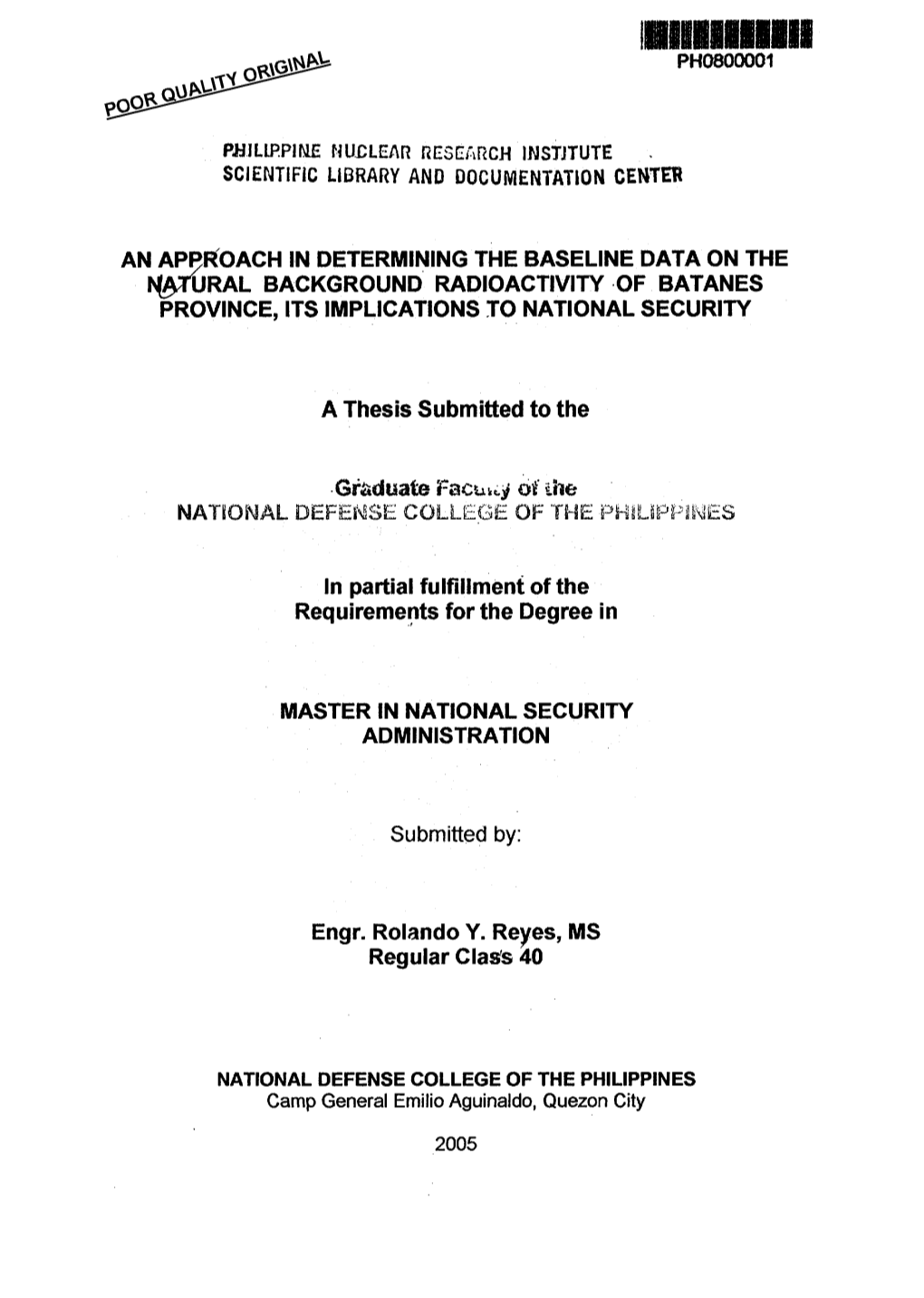 S(£Tural Background Radioactivity of Batanes Province, Its Implications to National Security