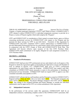 AGREEMENT Between the CITY of FAIRFAX, VIRGINIA and {Name of Firm} for PROFESSIONAL CONSULTING SERVICES for SMALL AREA PLANS