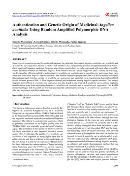 Authentication and Genetic Origin of Medicinal Angelica Acutiloba Using Random Amplified Polymorphic DNA Analysis