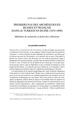 Premiers Pas Des Archéologues Russes Et Français Dans Le Turkestan Russe (1870-1890)