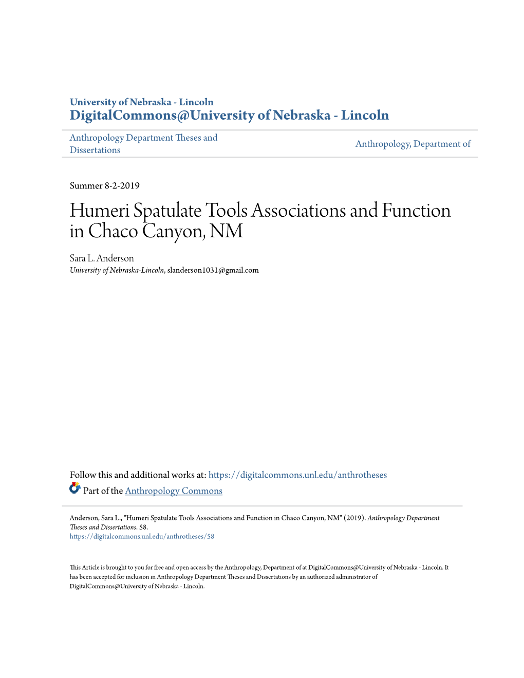 Humeri Spatulate Tools Associations and Function in Chaco Canyon, NM Sara L