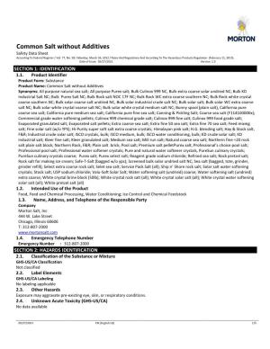 Common Salt Without Additives Safety Data Sheet According to Federal Register / Vol