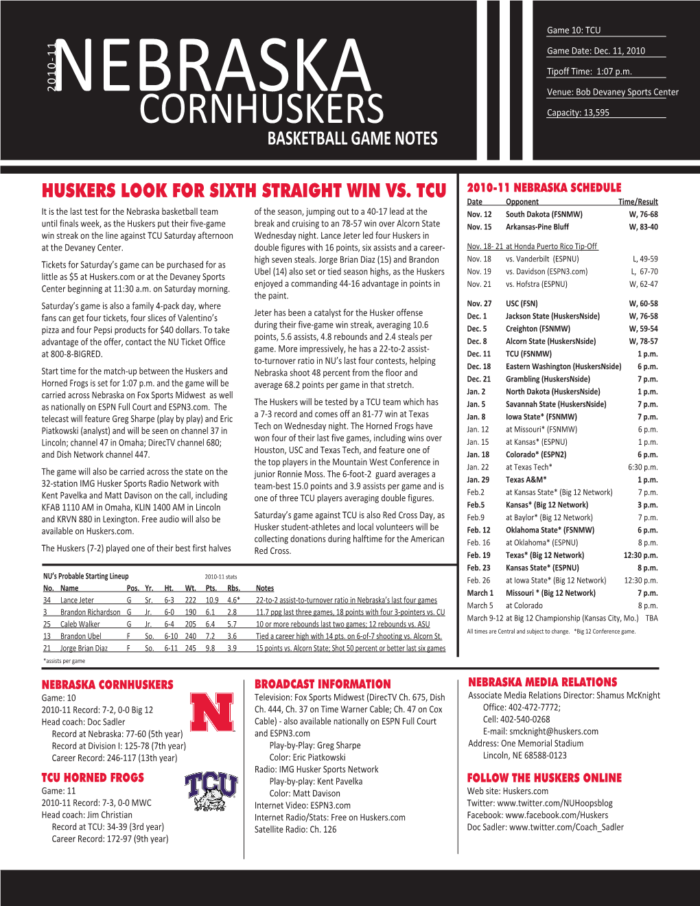 CORNHUSKERS Capacity: 13,595 BASKETBALL GAME NOTES