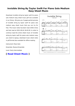 Invisible String by Taylor Swift for Piano Solo Medium Easy Sheet Music