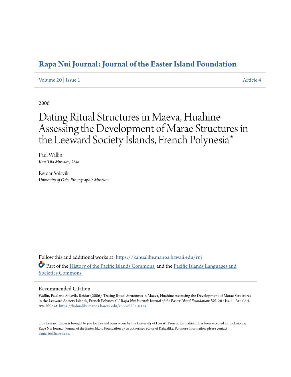 Dating Ritual Structures in Maeva, Huahine Assessing The