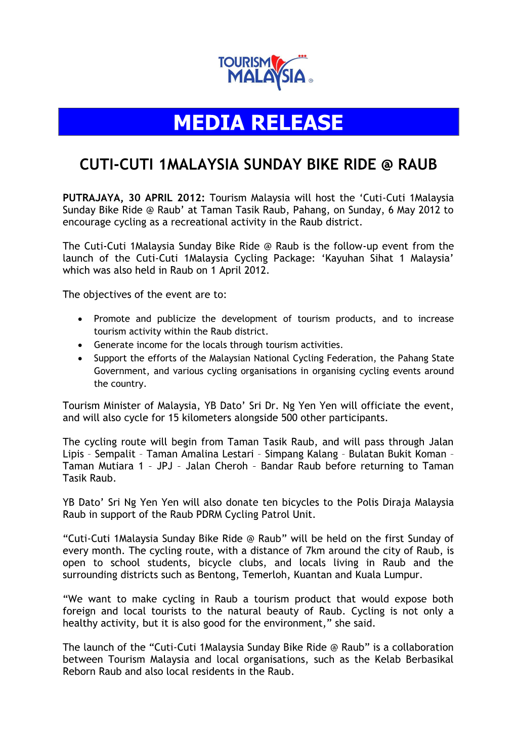 Media Release Cuti-Cuti 1Malaysia Sunday Bike Ride @ Raub