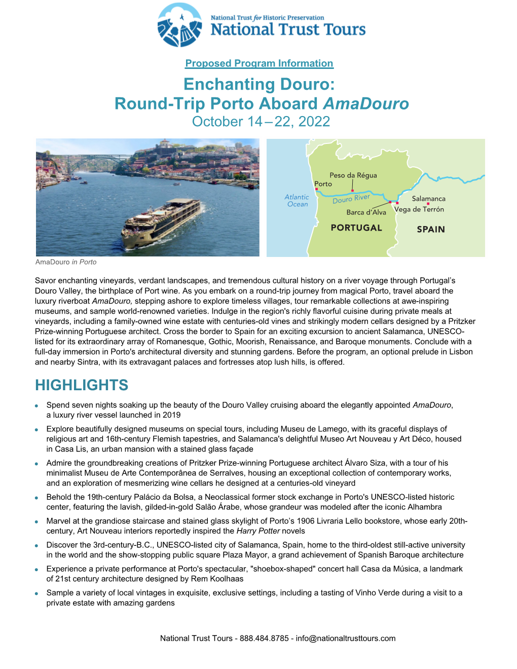 Enchanting Douro: Round-Trip Porto Aboard Amadouro October 14 – 22, 2022