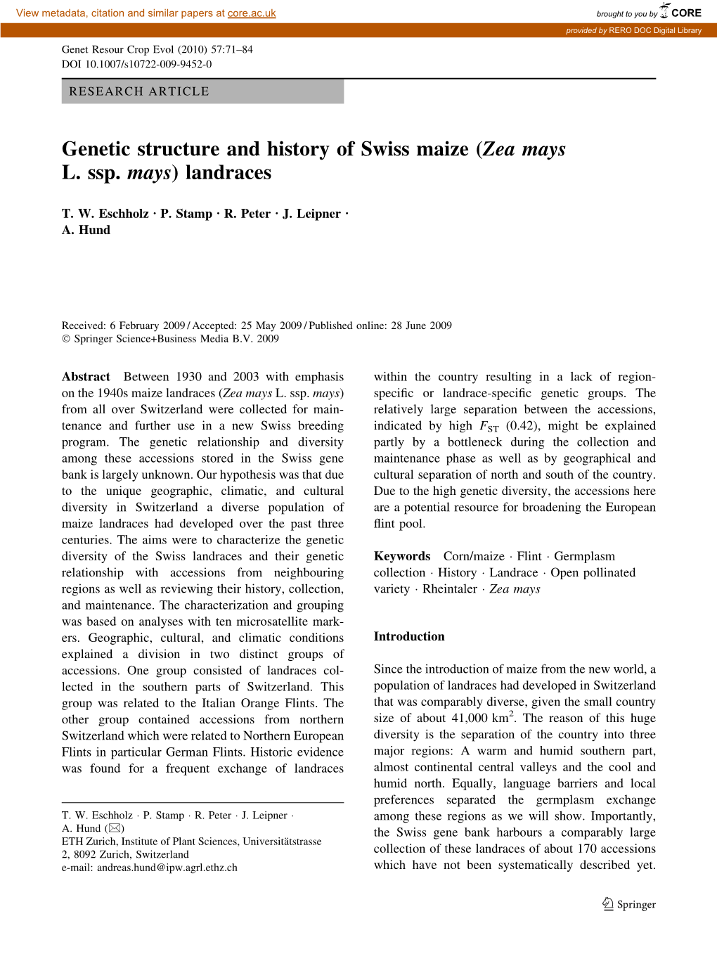 Genetic Structure and History of Swiss Maize (Zea Mays L