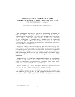 Prospectus: “William Lowell Putnam Mathematical Competition: Problems, Solutions, and Commentary: 1985–2000”