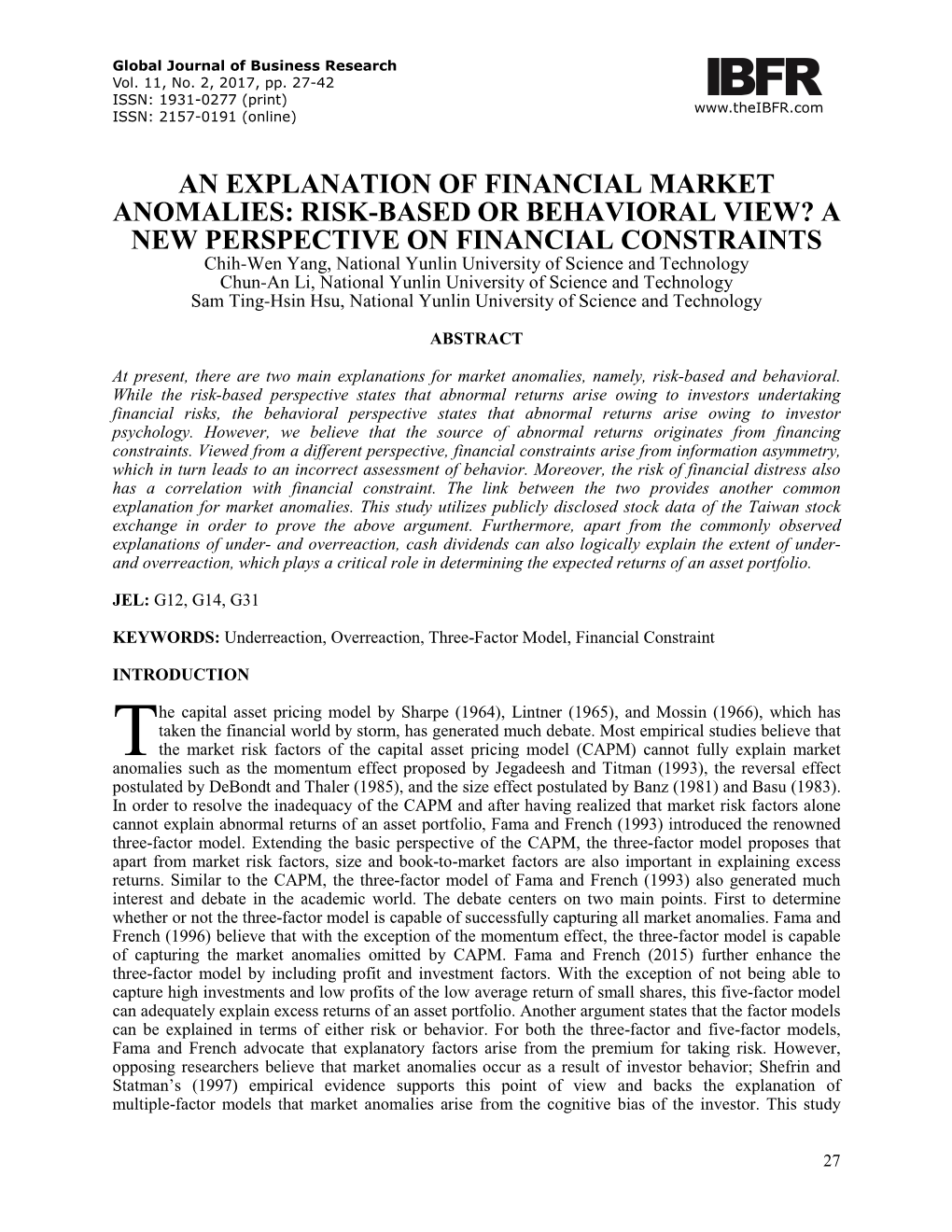 An Explanation of Financial Market Anomalies: Risk