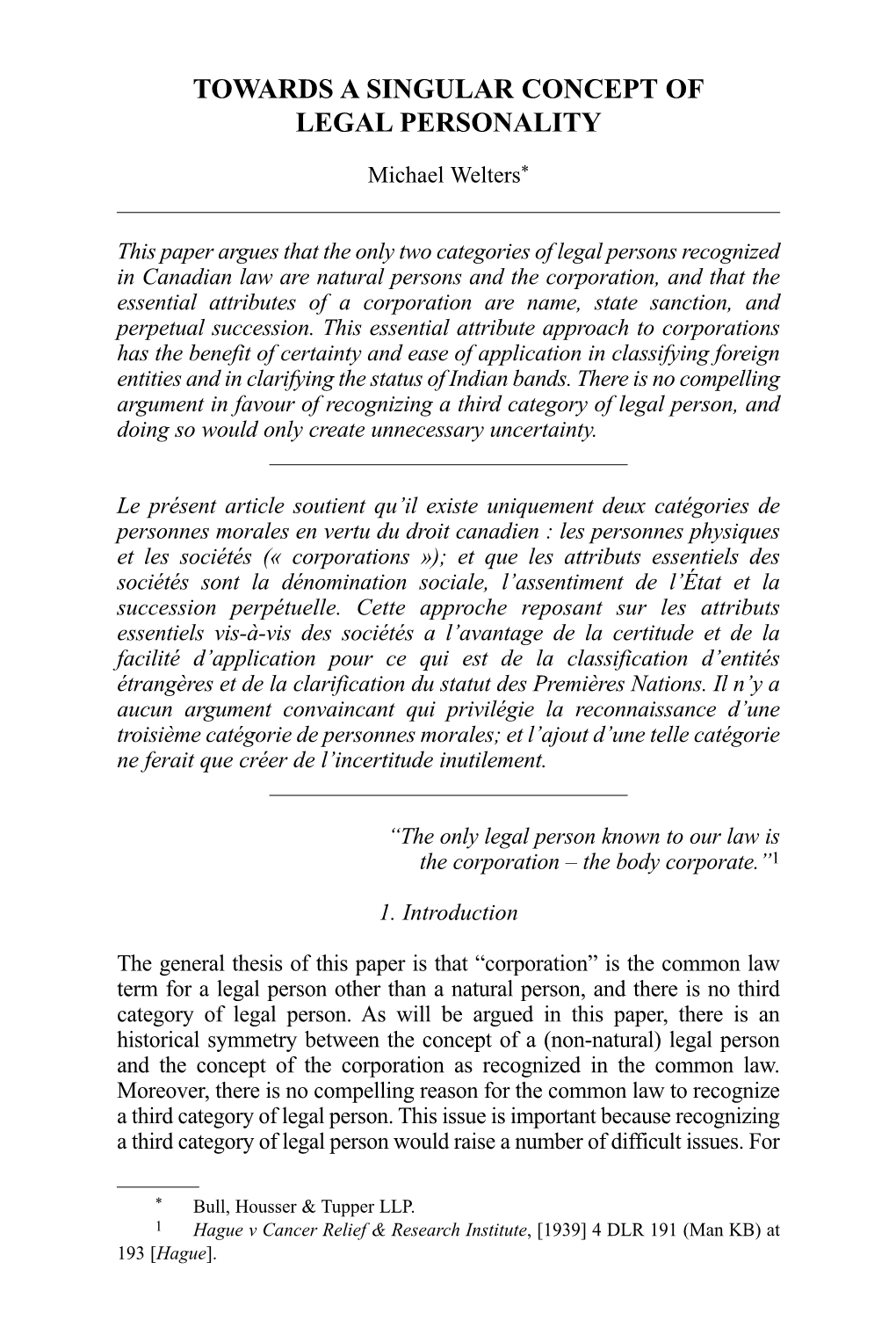 Towards a Singular Concept of Legal Personality