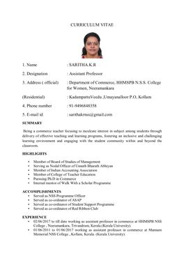 Assistant Professor 3. Address ( Official) : Department of Commerc