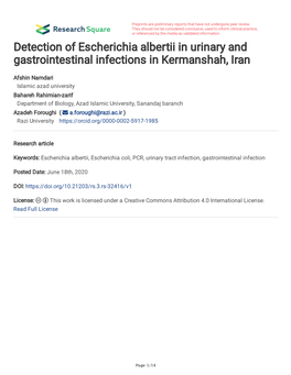 Detection of Escherichia Albertii in Urinary and Gastrointestinal Infections in Kermanshah, Iran