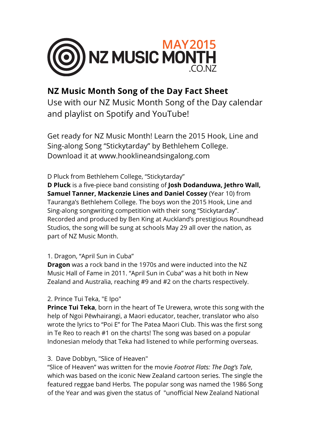 NZ Music Month Song of the Day Fact Sheet Use with Our NZ Music Month Song of the Day Calendar and Playlist on Spotify and Youtube!