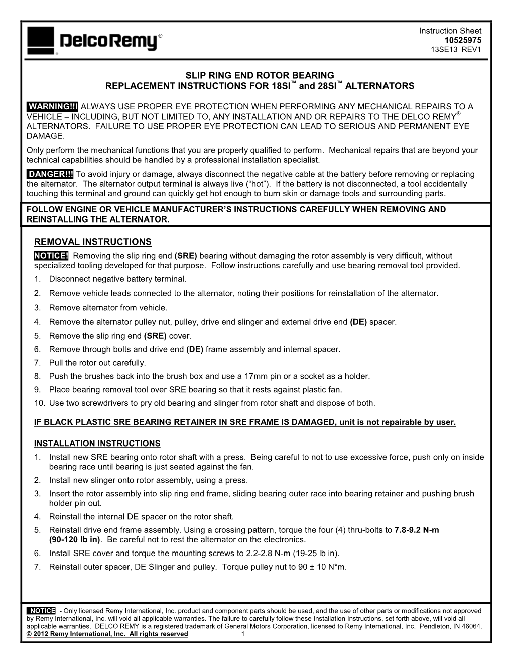 Slip Ring End Rotor Bearing Replacement Instructions for 18SI