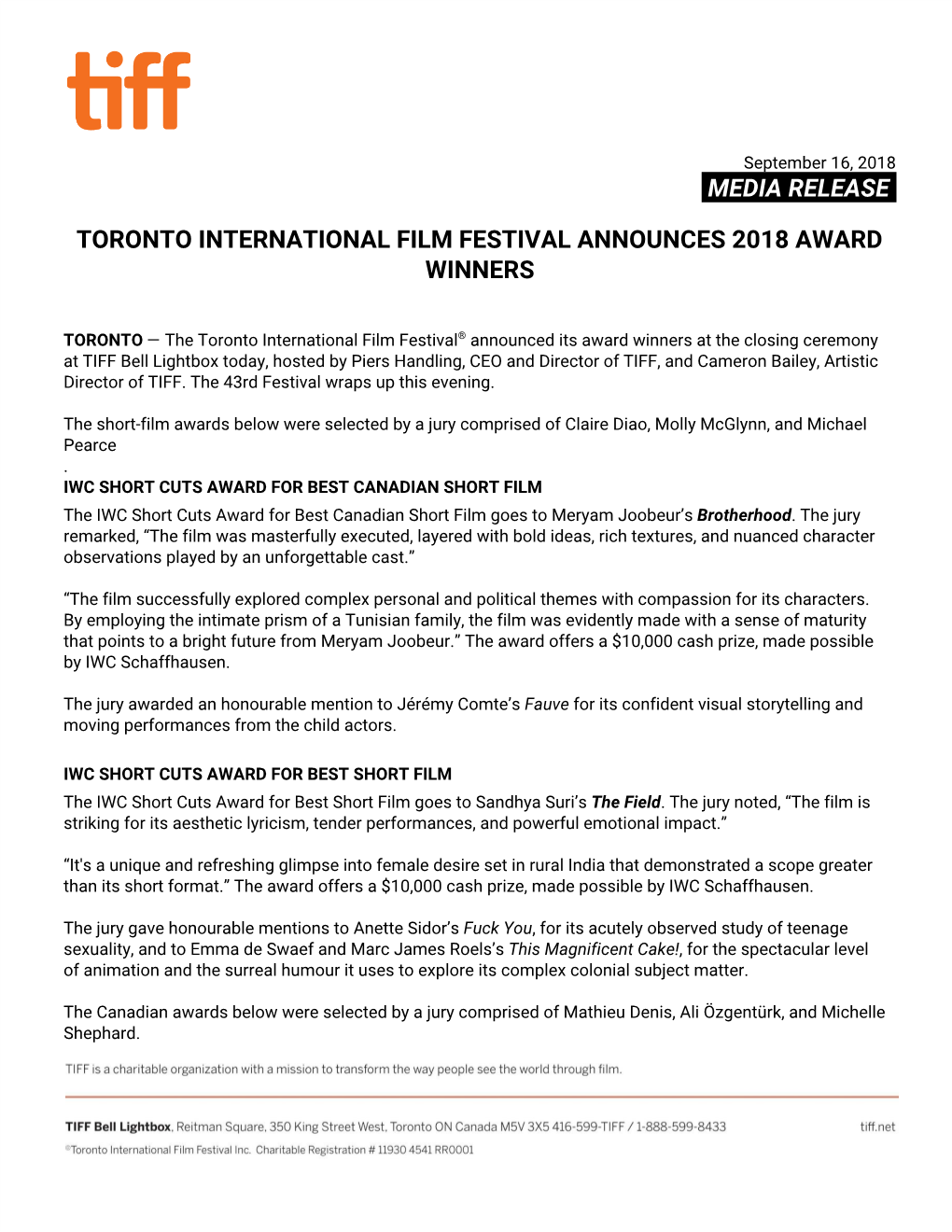 Media Release​. Toronto International Film Festival