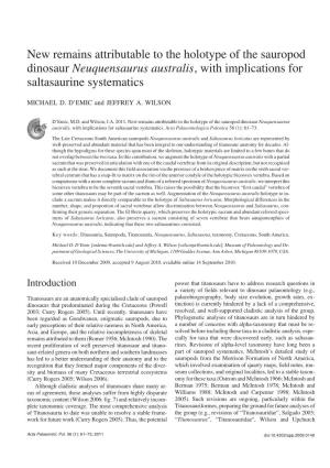 New Remains Attributable to the Holotype of the Sauropod Dinosaur Neuquensaurus Australis, with Implications for Saltasaurine Systematics
