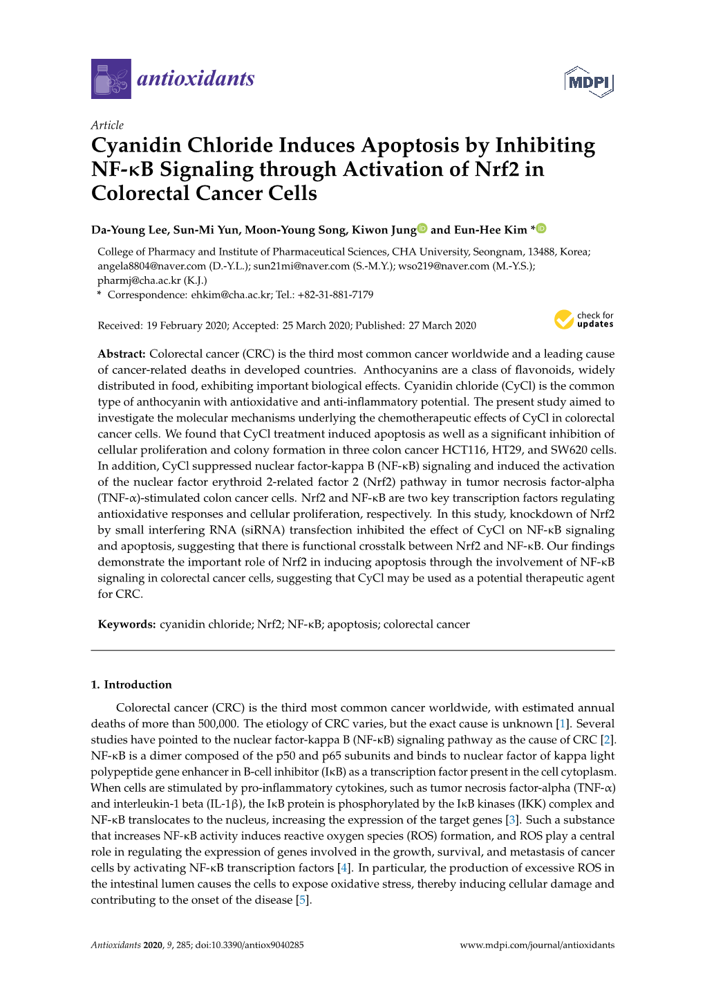 Cyanidin Chloride Induces Apoptosis by Inhibiting NF-Κb Signaling Through Activation of Nrf2 in Colorectal Cancer Cells
