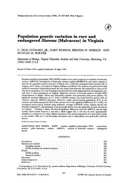 Population Genetic Variation in Rare and Endangered Iliamna (Malvaceae) in Virginia