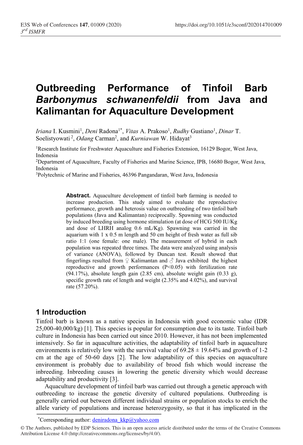 Outbreeding Performance of Tinfoil Barb Barbonymus Schwanenfeldii from Java and Kalimantan for Aquaculture Development