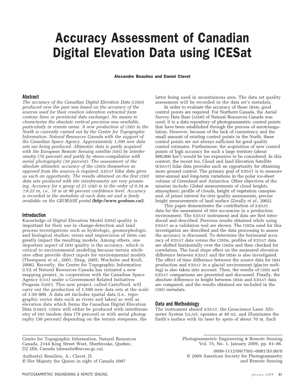 Accuracy Assessment of Canadian Digital Elevation Data Using Icesat