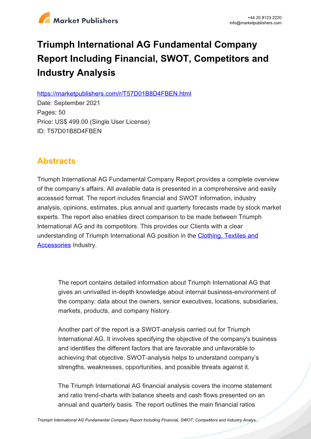 Triumph International AG Fundamental Company Report Including Financial, SWOT, Competitors and Industry Analysis