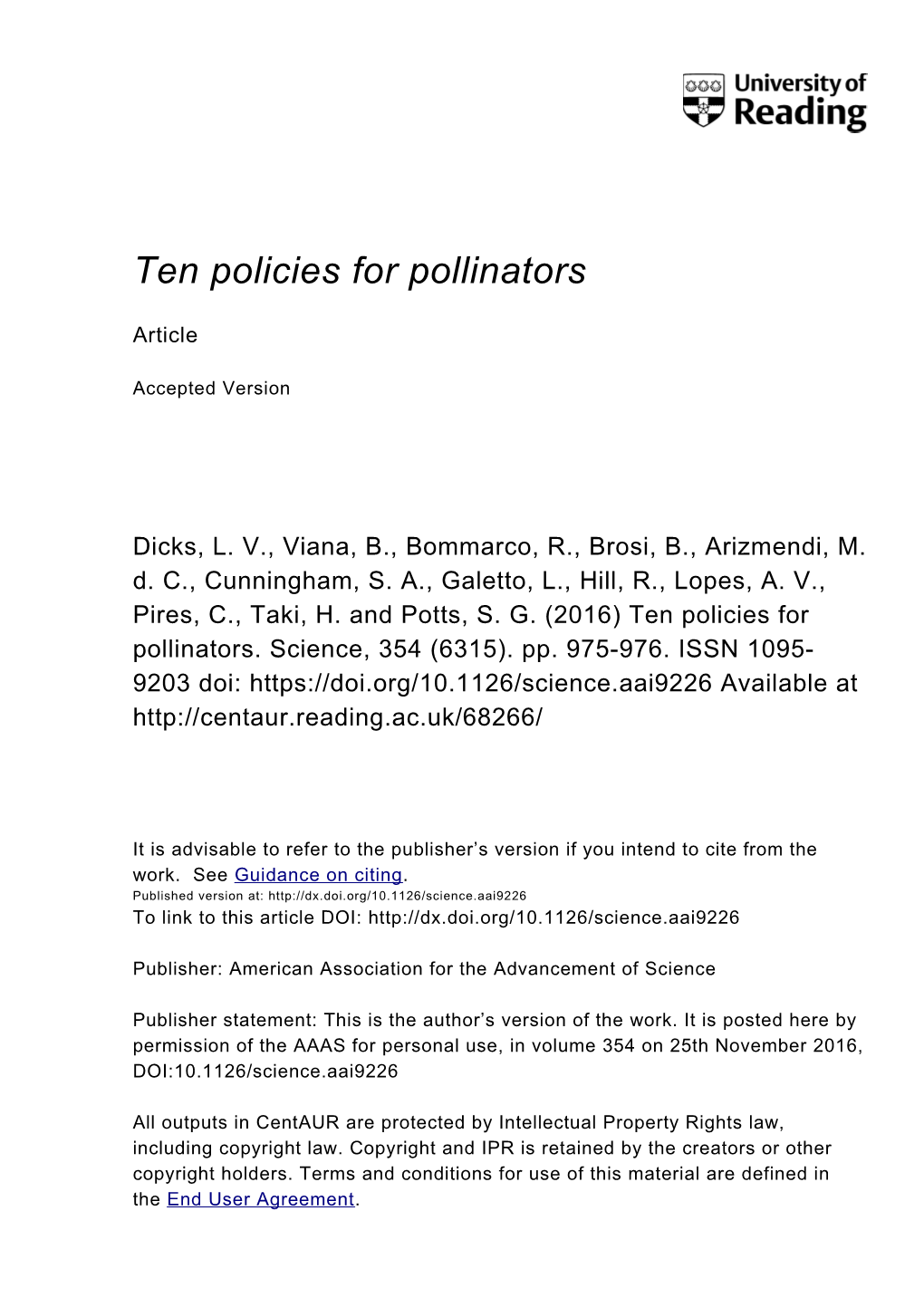 Ten Policies for Pollinators