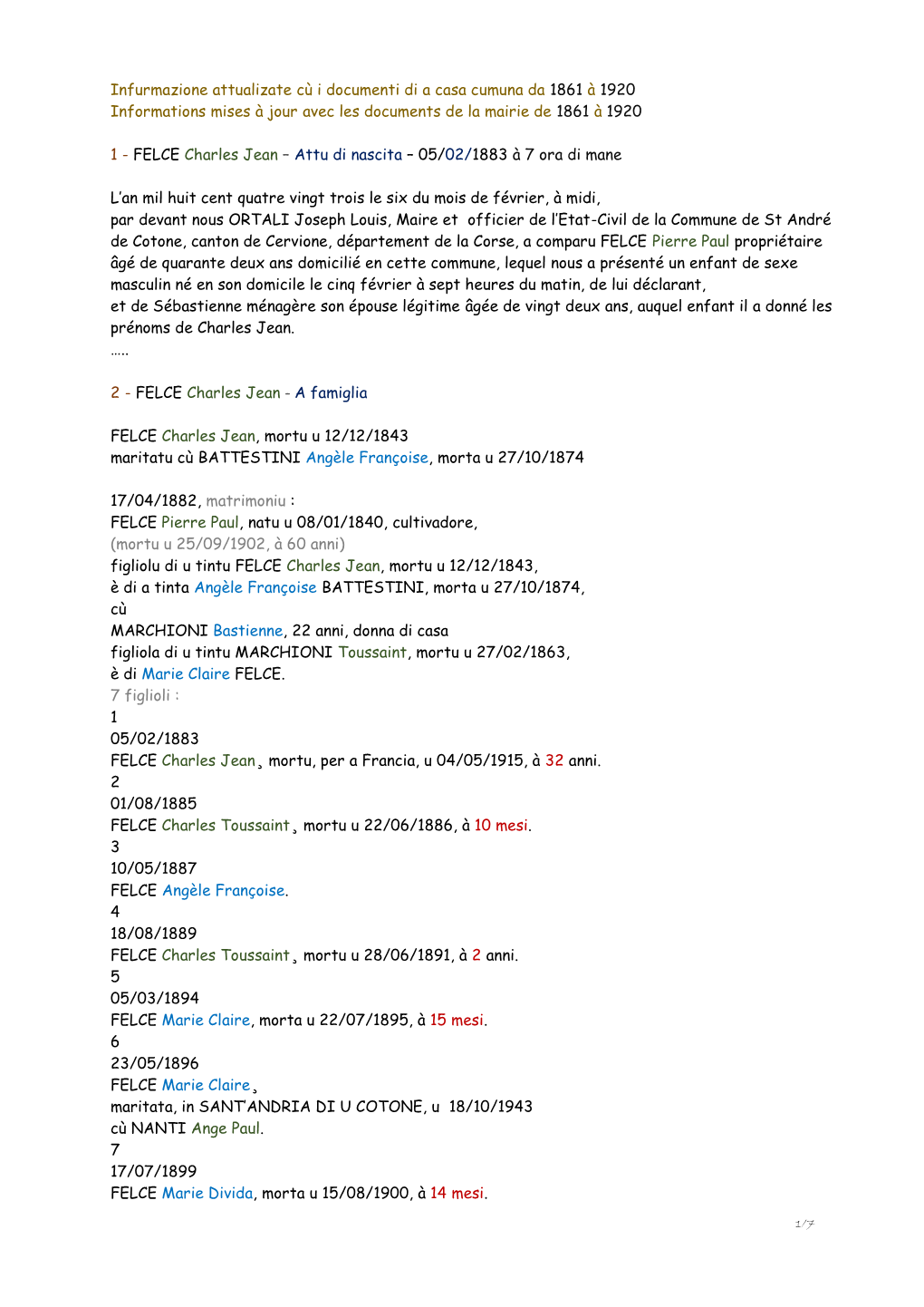 Infurmazione Attualizate Cù I Documenti Di a Casa Cumuna Da 1861 À 1920 Informations Mises À Jour Avec Les Documents De La Mairie De 1861 À 1920