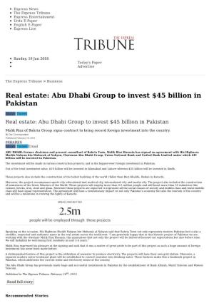 Real Estate: Abu Dhabi Group to Invest $45 Billion in Pakistan