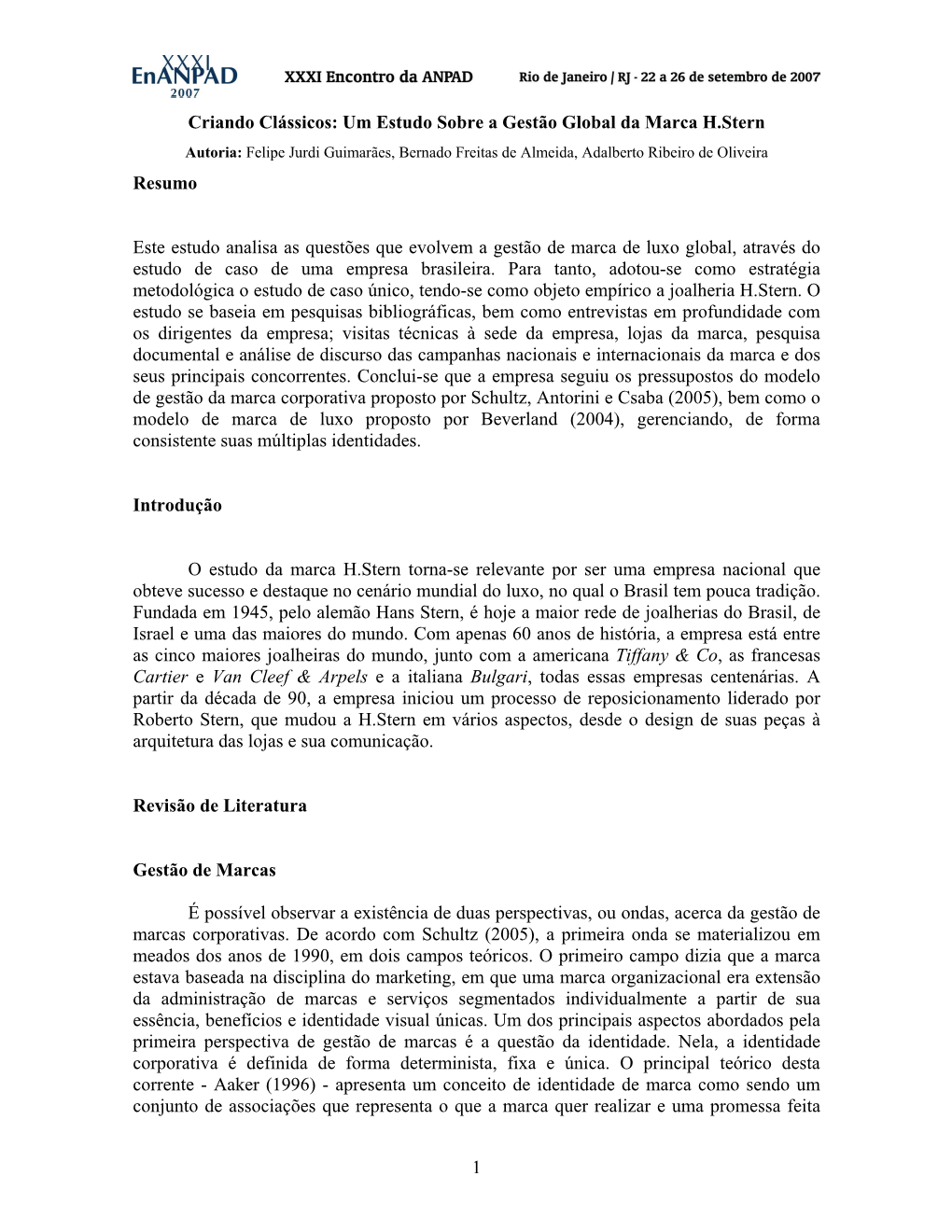 Criando Clássicos: Um Estudo Sobre a Gestão Global Da Marca H.Stern