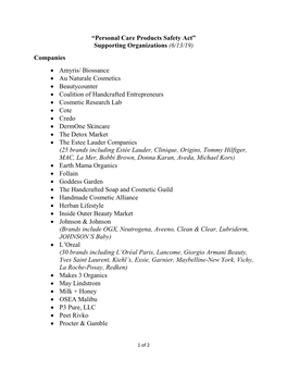 “Personal Care Products Safety Act” Supporting Organizations (6/13/19