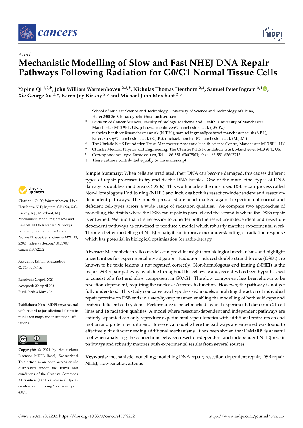 Mechanistic Modelling of Slow and Fast NHEJ DNA Repair Pathways Following Radiation for G0/G1 Normal Tissue Cells