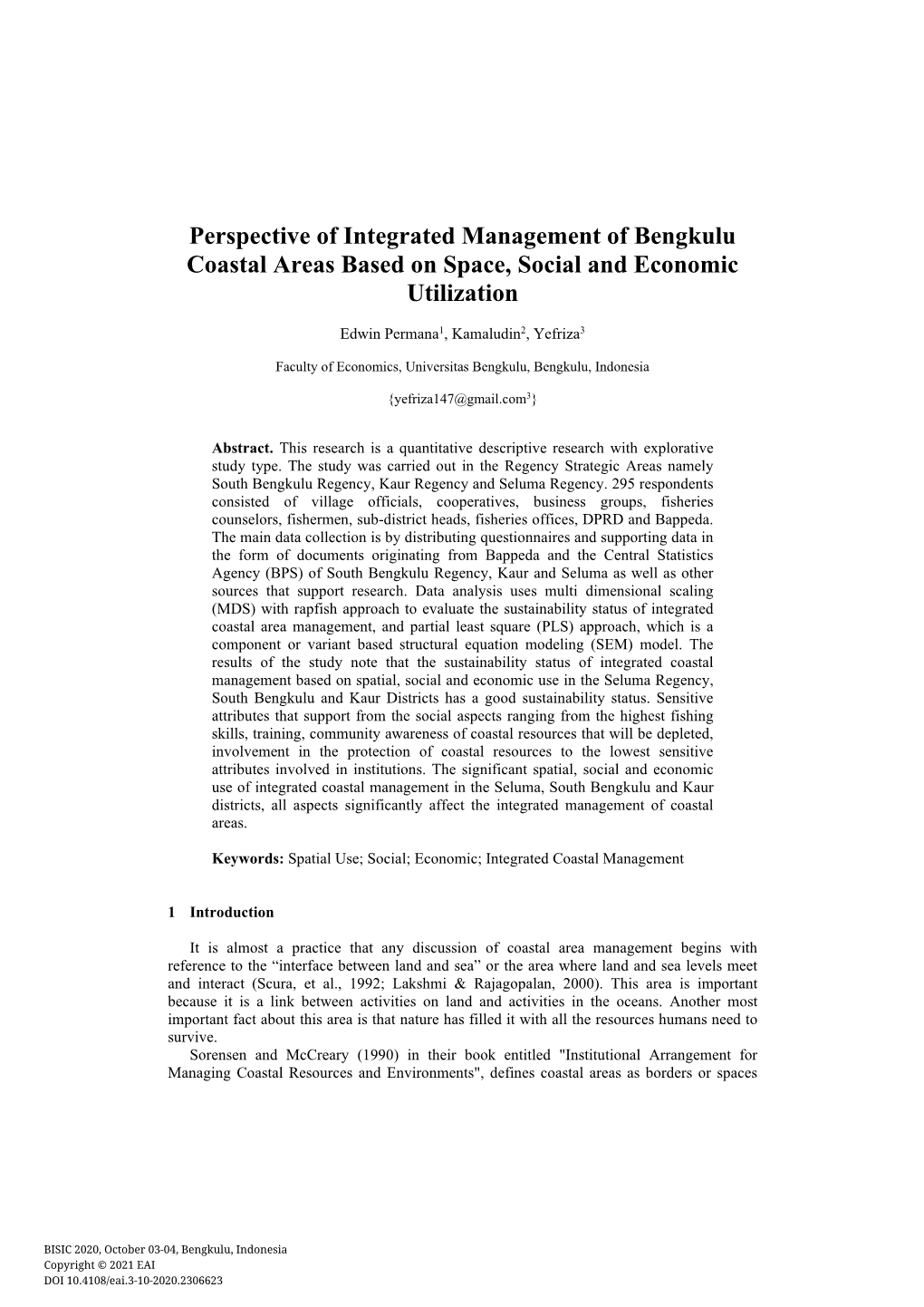 Perspective of Integrated Management of Bengkulu Coastal Areas Based on Space, Social and Economic Utilization