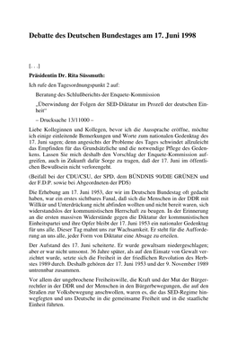 Debatte Des Deutschen Bundestages Am 17. Juni 1998