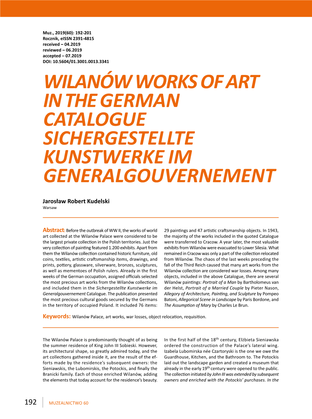 Wilanów Works of Art in the German Catalogue Sichergestellte Kunstwerke Im Generalgouvernement