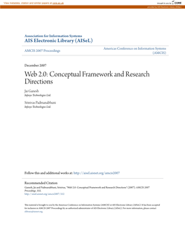 Web 2.0: Conceptual Framework and Research Directions Jai Ganesh Infosys Technologies Ltd