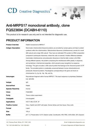 Anti-MRPS17 Monoclonal Antibody, Clone FQS23694 (DCABH-6110) This Product Is for Research Use Only and Is Not Intended for Diagnostic Use