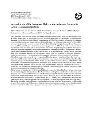 Age and Origin of the Lomonosov Ridge: a Key Continental Fragment in Arctic Ocean Reconstructions