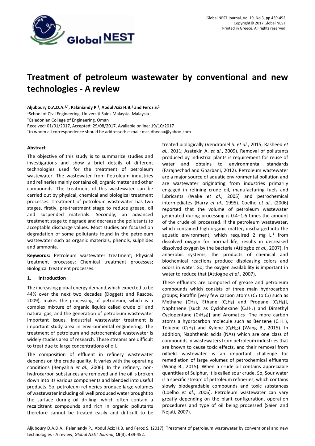 Treatment of Petroleum Wastewater by Conventional and New Technologies - a Review