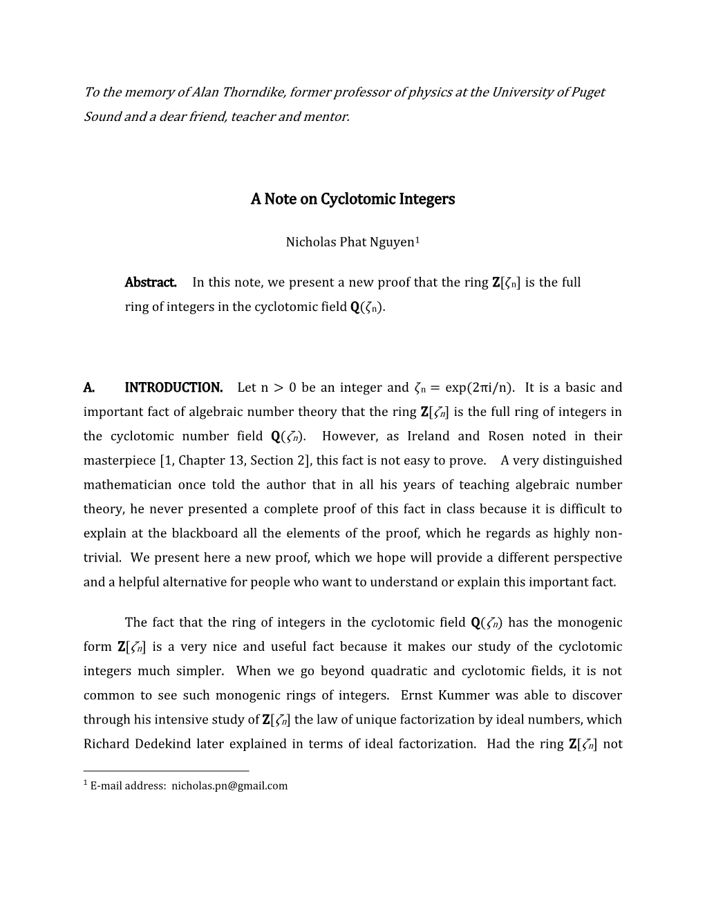 A Note on Cyclotomic Integers