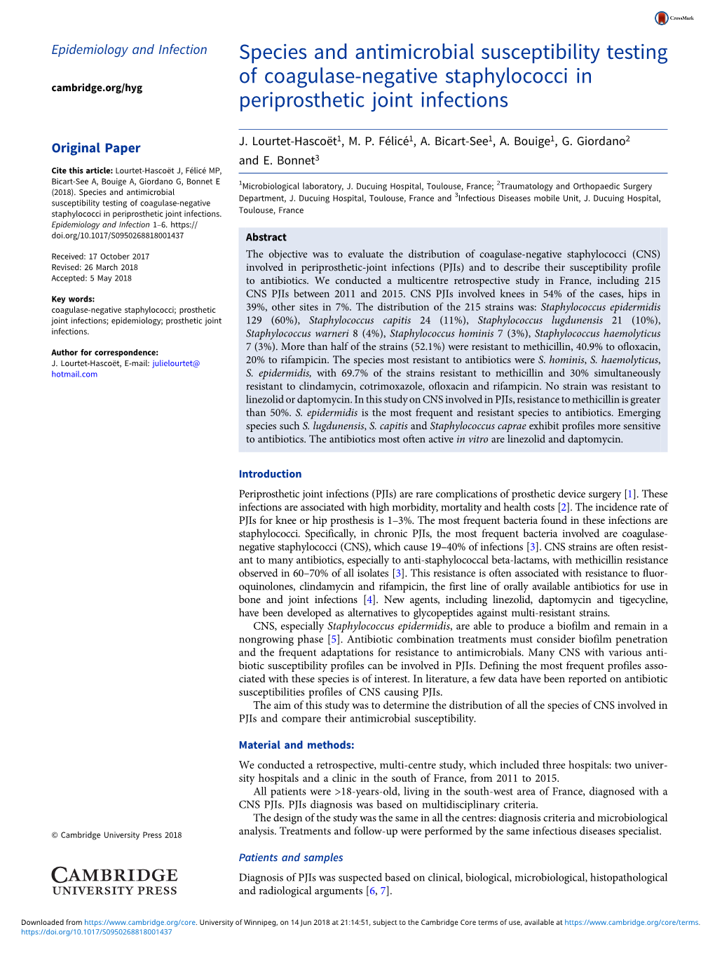 Species and Antimicrobial Susceptibility Testing of Coagulase-Negative Staphylococci in Cambridge.Org/Hyg Periprosthetic Joint Infections