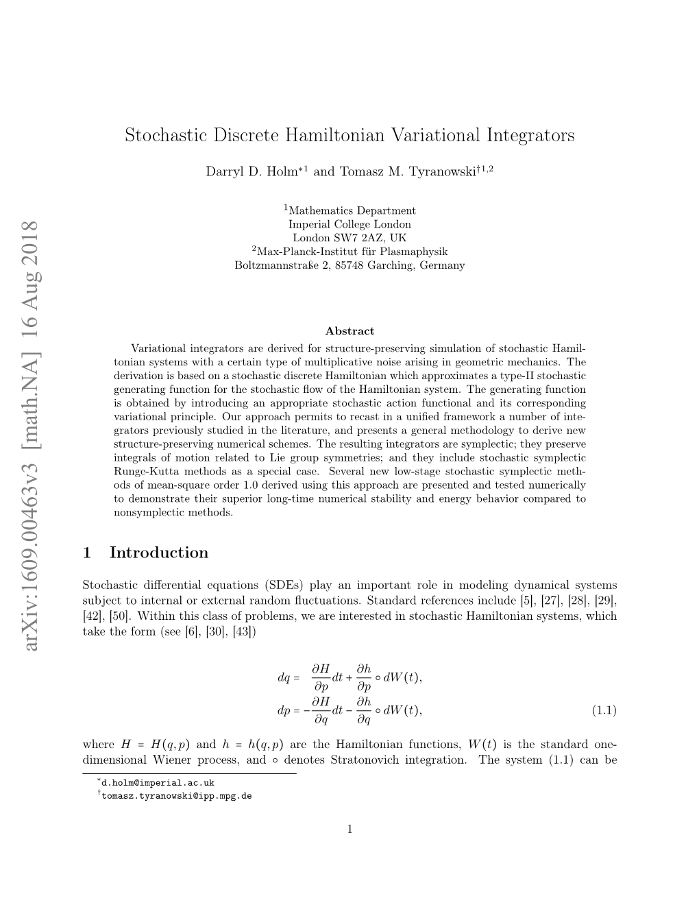 Stochastic Discrete Hamiltonian Variational Integrators