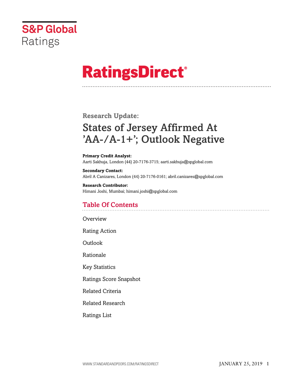 States of Jersey Affirmed at 'AA-/A-1+'; Outlook Negative