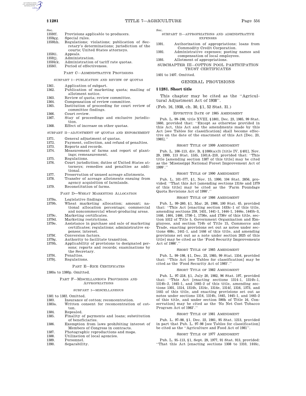 Page 554 TITLE 7—AGRICULTURE § 1281 GENERAL